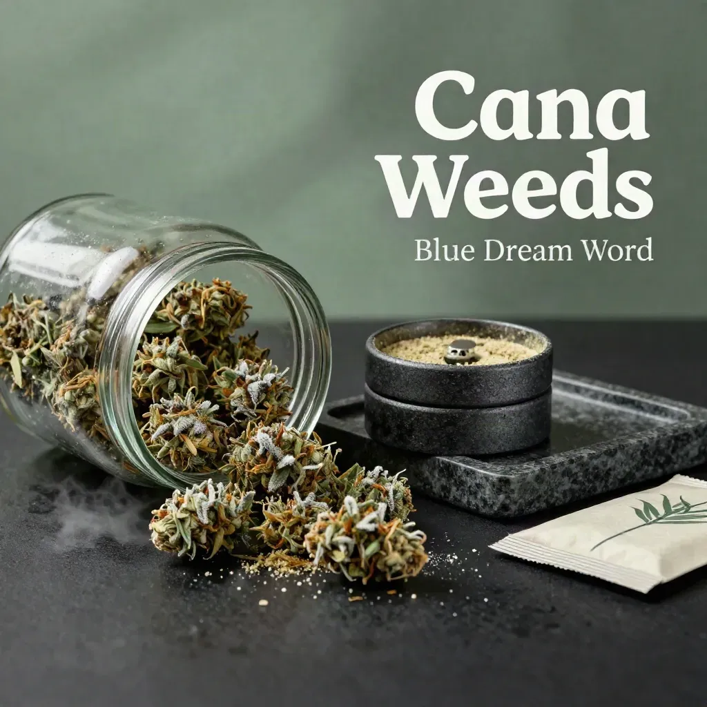 Open Blue Dream flower jar with grinder, tray and papers on dark surface in moody studio light