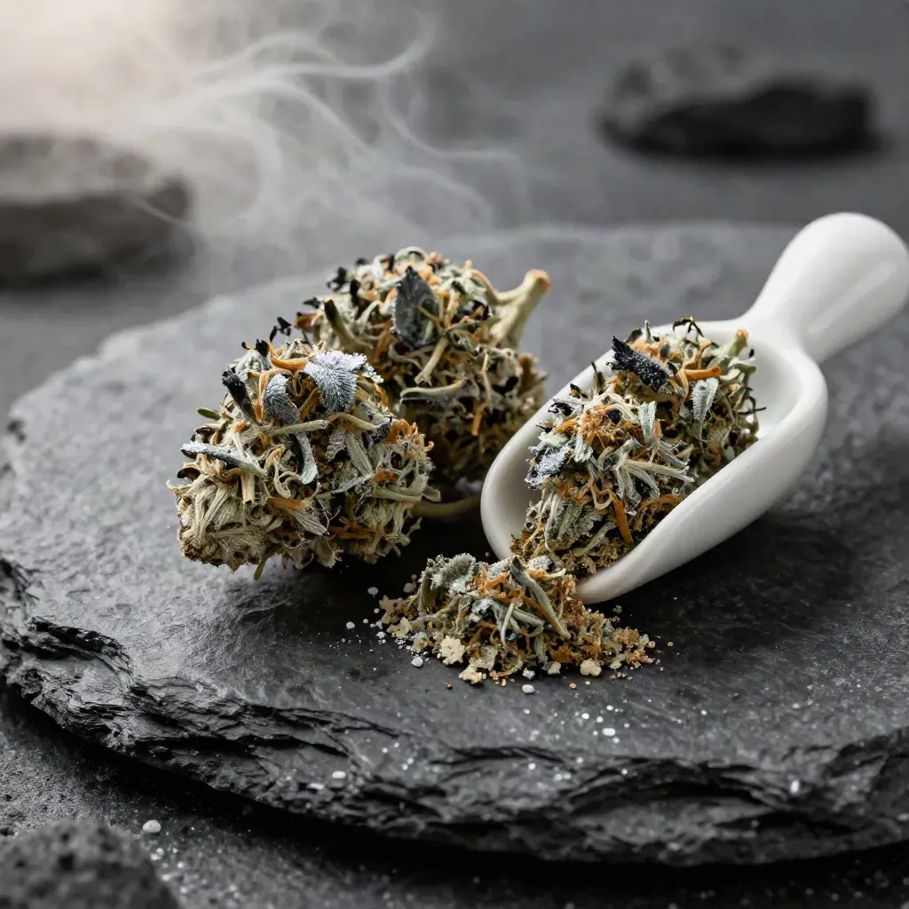 Frosty Blue Dream flower mound beside a ceramic scoop on wet basalt with cool mist.