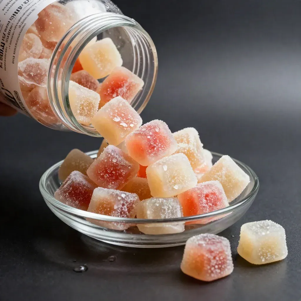 Watermelon gummies tumble in a glass dish over ice in a moody studio close-up.