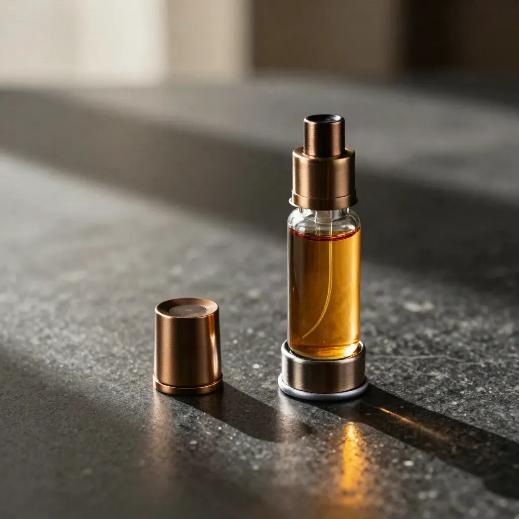 Live resin vape cart with glass tower and amber resin ribbon on dark stone.