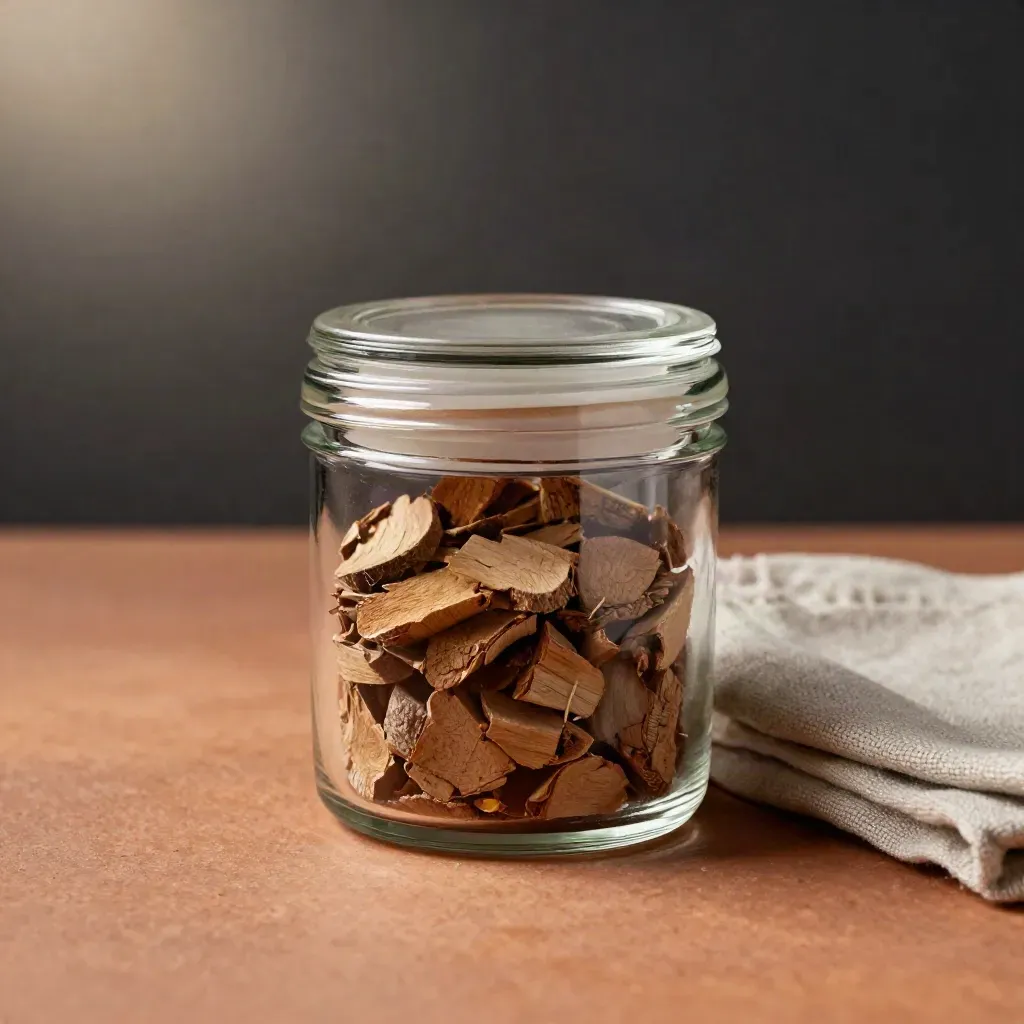 Smell-proof stash jar with cedar chips and cloth on terracotta clay, dramatic studio light.