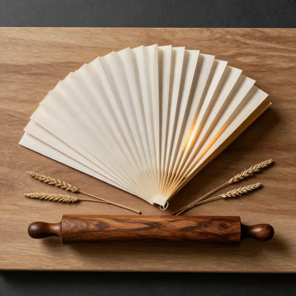 Top-down flatlay of king size papers, tips, wood board and dry grass stems on warm wood.