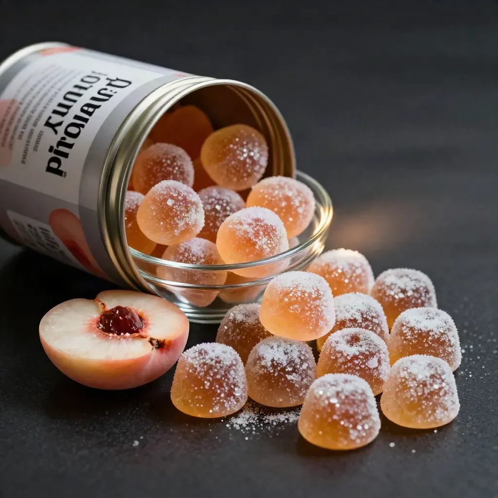 Sour peach gummies spill from a tin into a glass bowl on matte black, lit with gold rim light.