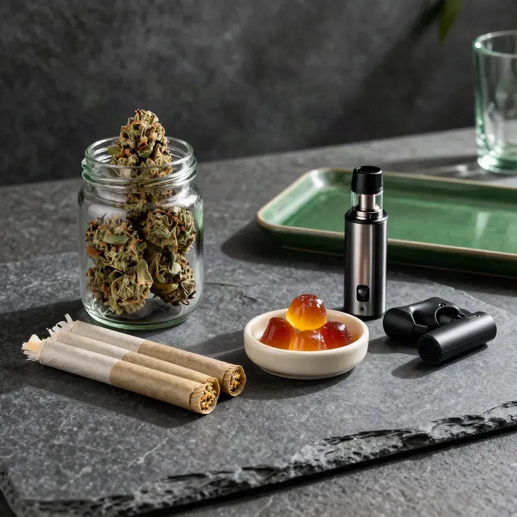 Cannabis bundle items on dark stone with a green accent, softly lit and atmospheric.