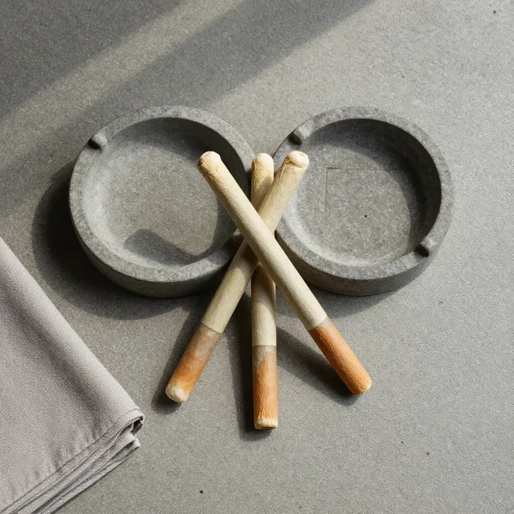 Overhead flat lay of three pre-rolls with ash dish and folded sleeve on concrete.