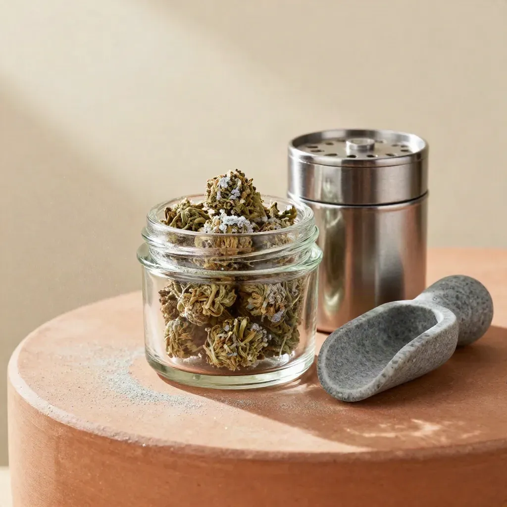 Small jar of kief-infused flower with grinder and stone scoop on terracotta clay.
