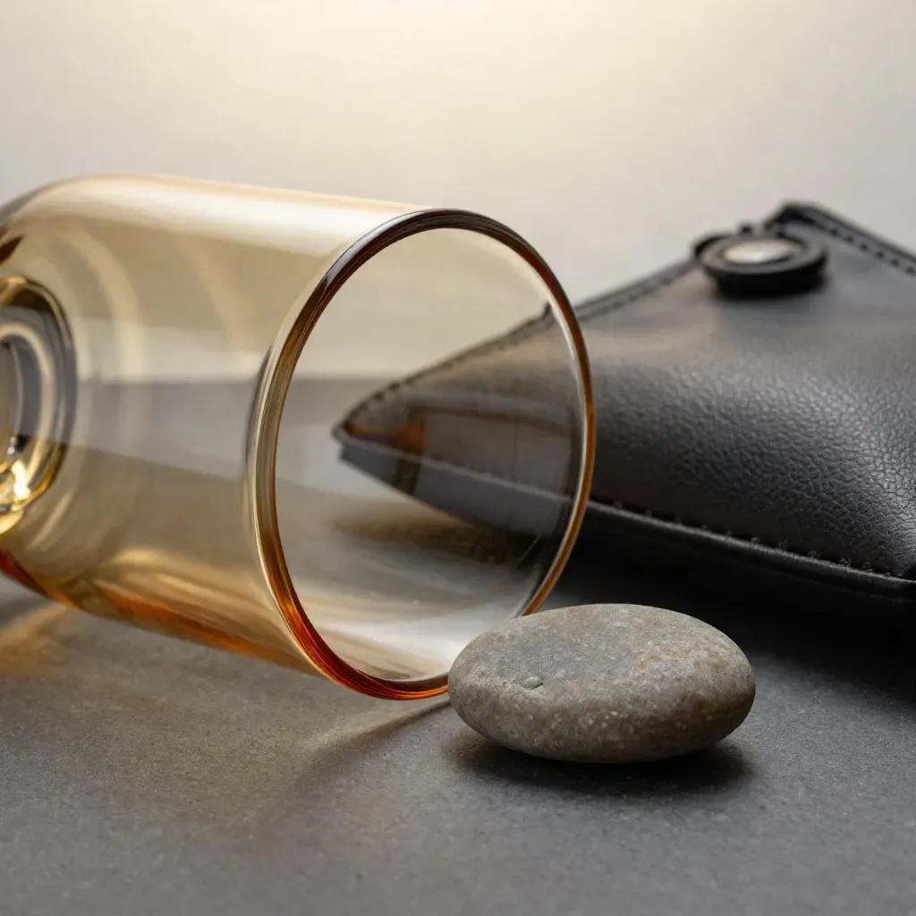 Amber glass one-hitter beside a pebble and leather pouch on dark graphite.