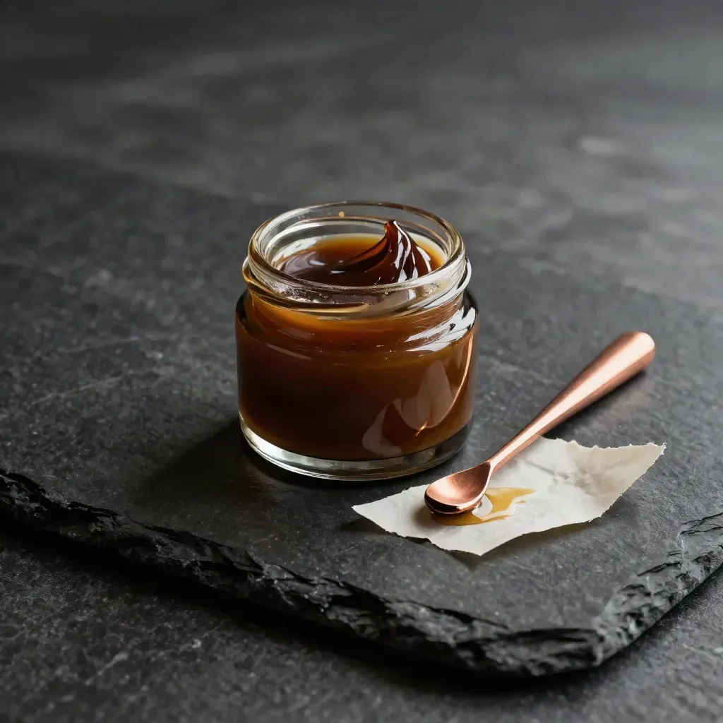 Jar of pine tar concentrate with copper dab tool on dark stone in dramatic studio light