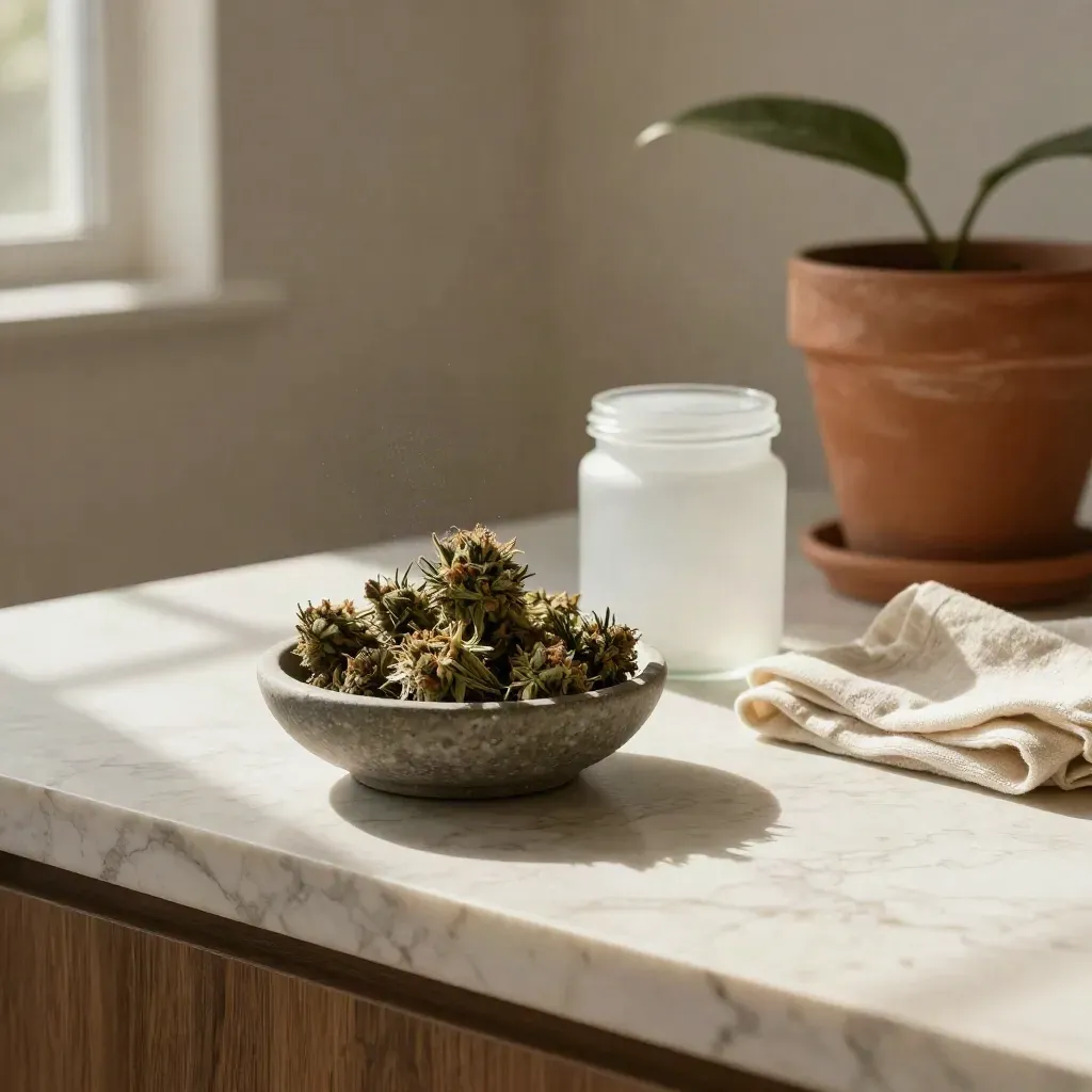 Cannabis flower buds and a frosted jar on a sunlit marble counter with terracotta planter shadows.
