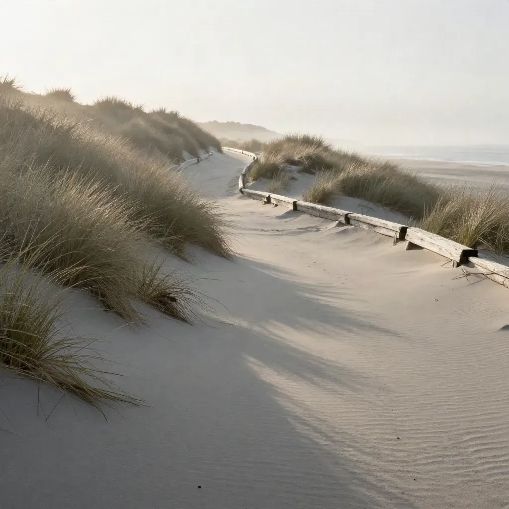 Coastal dune path with dry grass, timber, and misty horizon at dawn
