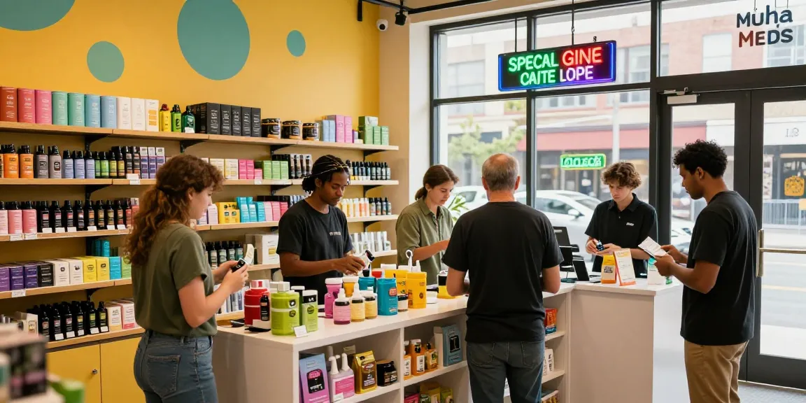 Muha Meds cannabis shop inviting customers with an array of premium vape products.
